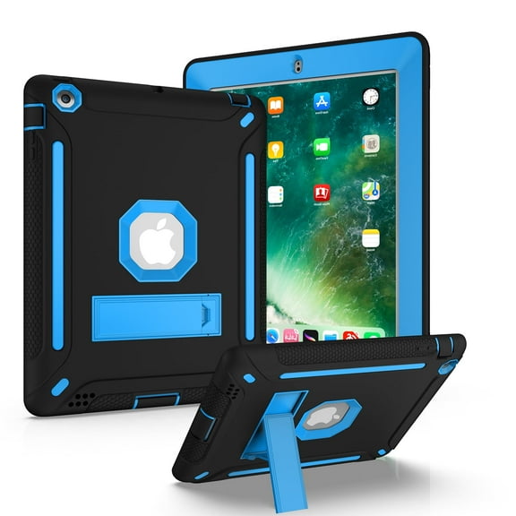 Allytech Silicone Case for iPad 4 / iPad 3/ iPad 2, Three Layers Silicone+PC Heavy Duty Defender Kickstand Feature Shockproof Case Cover for Apple iPad 2nd/3rd/4th Generation, Black+Blue