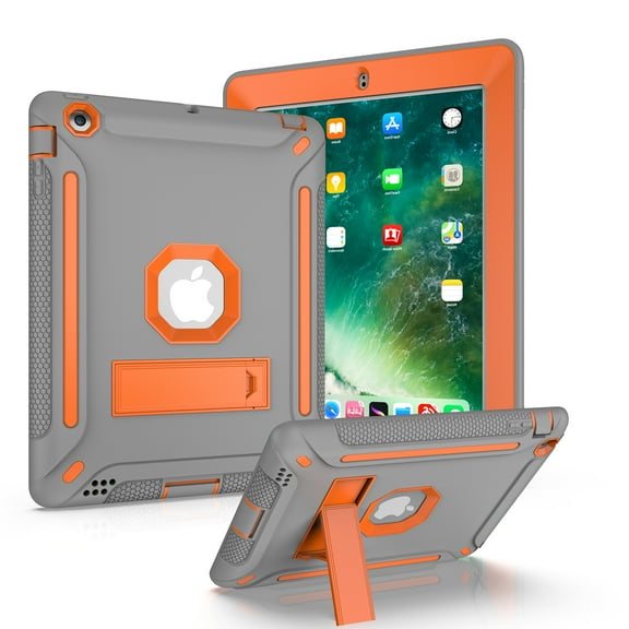 Allytech Silicone Case for iPad 4 / iPad 3/ iPad 2, Three Layers Silicone+PC Heavy Duty Defender Kickstand Feature Shockproof Case Cover for Apple iPad 2nd/3rd/4th Generation, Gray+Orange