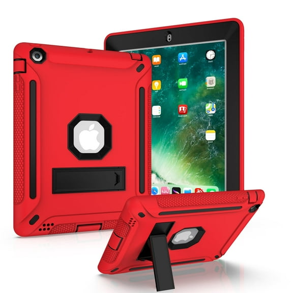 Allytech Silicone Case for iPad 4 / iPad 3/ iPad 2, Three Layers Silicone+PC Heavy Duty Defender Kickstand Feature Shockproof Case Cover for Apple iPad 2nd/3rd/4th Generation, Red+Black
