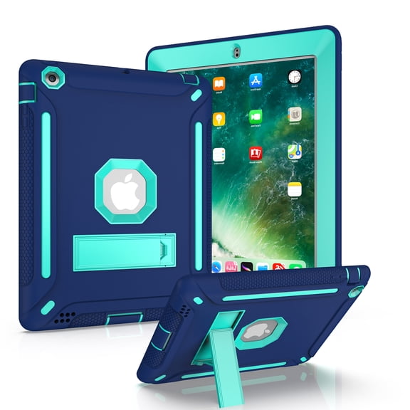 Allytech Silicone Case for iPad 4 / iPad 3/ iPad 2, Three Layers Silicone+PC Heavy Duty Defender Kickstand Feature Shockproof Case Cover for Apple iPad 2nd/3rd/4th Generation, Darkblue+Skyblue