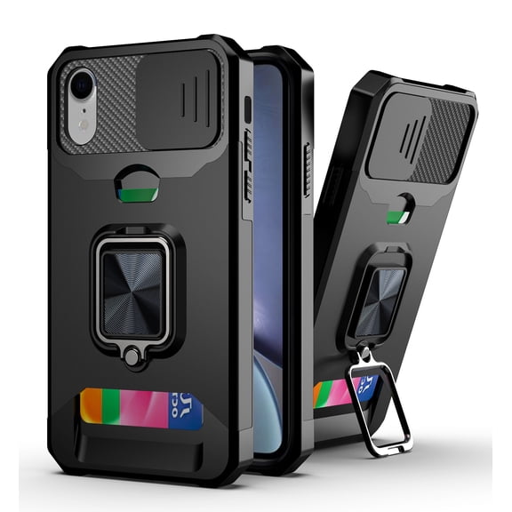 Allytech Slide Camera Protective Case for iPhone XR 6.1 inch 2018, Hard PC & Soft TPU Anti-Scratch Shockproof Ring Holder Kickstand [Support Magnetic Car Mount][1 Card Slot] Case and Cover, Black