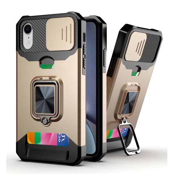 Allytech Slide Camera Protective Case for iPhone XR 6.1 inch 2018, Hard PC & Soft TPU Anti-Scratch Shockproof Ring Holder Kickstand [Support Magnetic Car Mount][1 Card Slot] Case and Cover, Gold