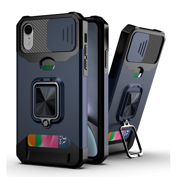 Allytech Slide Camera Protective Case for iPhone Xs Max 6.5" 2018, Hard PC & Soft TPU Anti-Scratch Shockproof Ring Holder Kickstand [Support Magnetic Car Mount][1 Card Slot] Case and Cover, Navy