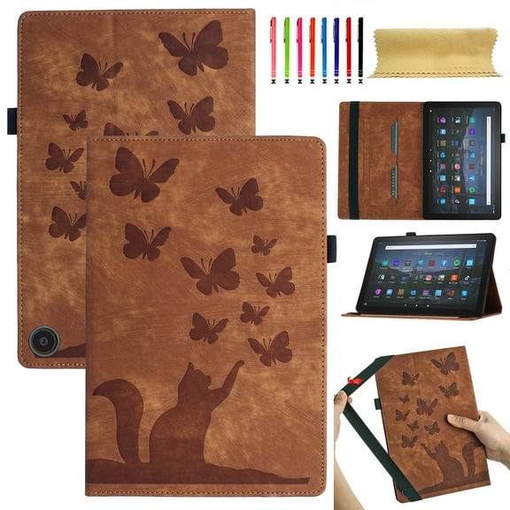 Allytech Slim Case for Amazon Fire Max 11 Tablet (13th Generation, 2023 Release) with Pen Holder & Card Pocket, Lovely Pattern PU Leather Adjustable Strap Multi-Angle Viewing Shockproof Case, Brown