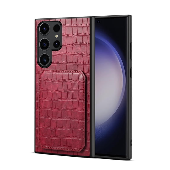 Allytech Slim Case Compatible with Samsung Galaxy S23 Ultra, Crocodile Print PU Leather Magnetic Hidden Card Holder Kickstand Shockproof Full Body Protective Wallet Case for Women Men, Red