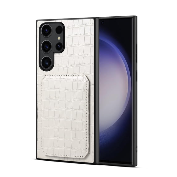 Allytech Slim Case Compatible with Samsung Galaxy S23 Ultra, Crocodile Print PU Leather Magnetic Hidden Card Holder Kickstand Shockproof Full Body Protective Wallet Case for Women Men, White