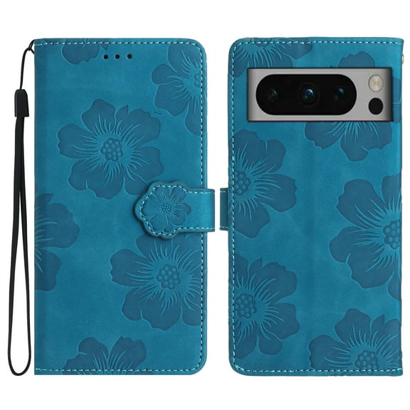 Allytech Slim Case for Google Pixel 8 Pro 6.7" 2023, Premium PU Leather Flower Embossed Hand Wrist Shockproof Protective Bumper Vintage Card Slots Wallet Case Cover for Google Pixel 8 Pro - Blue