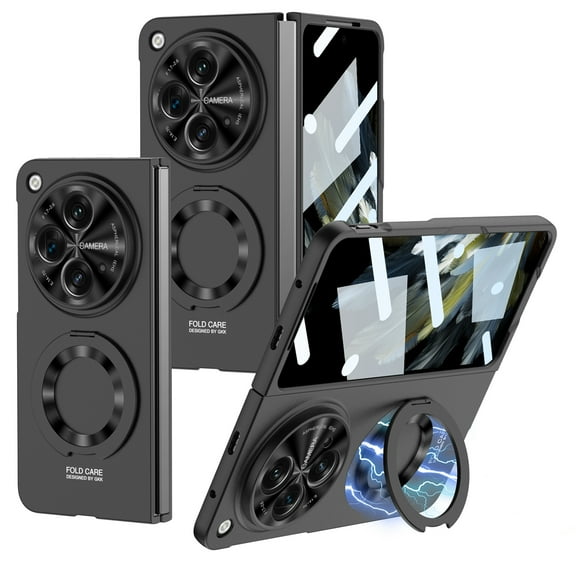 Allytech Slim Case for OnePlus Open/Oppo Find N3, with Screen Protector, Magnetic Ring Holder Kickstand Camera Protection Shockproof Anti-Fingerprint Rugged PC Shell for OnePlus Open - Black