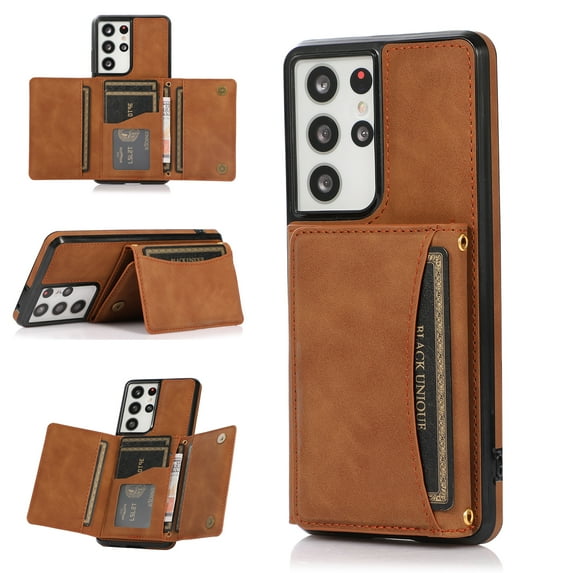 Allytech Slim Case for Samsung Galaxy S21 Ultra 5G 6.8 inch 2021, Premium PU Leather Flip Wallet Back Cover with Card Holder Magnetic Button Shockproof Men Women Case for Galaxy S21 Ultra, Brown
