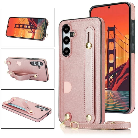 Allytech Slim Case for Samsung Galaxy S24 Plus with Card Slot & Shoulder Strap, Premium PU Leather Adjustable Strap Wristband Kickstand Shockproof Full Protective Cover for Women Men - Rosegold