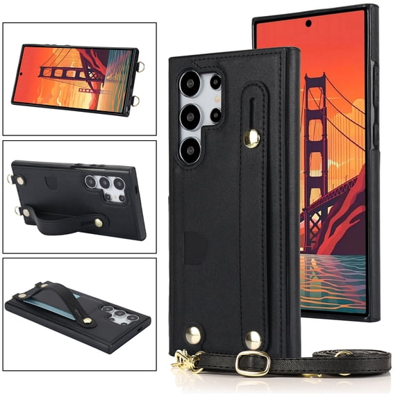 Allytech Slim Case for Samsung Galaxy S24 Ultra with Card Slot & Shoulder Strap, Premium PU Leather Adjustable Strap Wristband Kickstand Shockproof Full Protective Cover for Women Men - Black