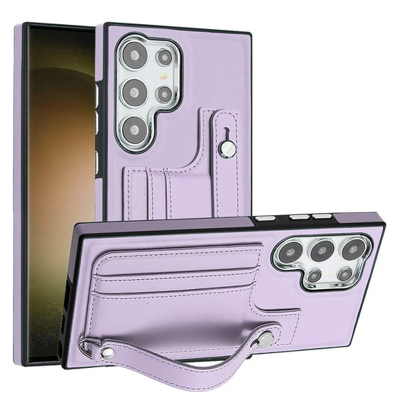 Allytech Slim Case for Samsung Galaxy S24 Ultra with Portable Wristband & Card Slots, Premium PU Leather Kickstand Shockproof Drop Protection Anti-Scratch Case for Women Men - Purple