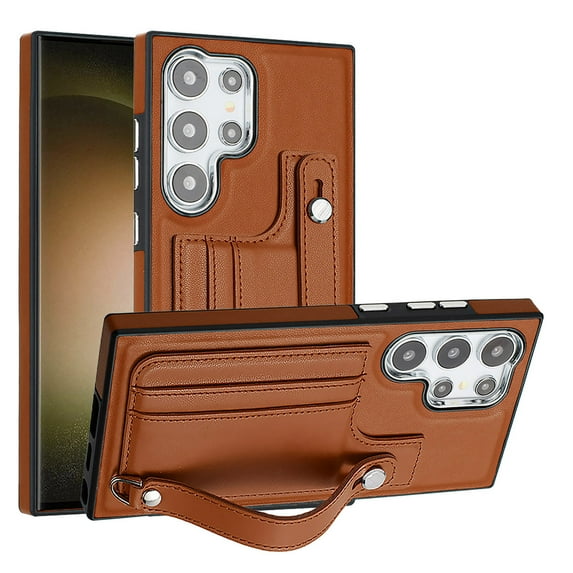 Allytech Slim Case for Samsung Galaxy S24 Ultra with Portable Wristband & Card Slots, Premium PU Leather Kickstand Shockproof Drop Protection Anti-Scratch Case for Women Men - Brown