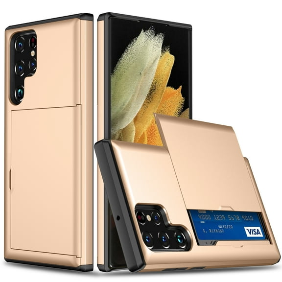 Allytech Slim Case for Samsung Galaxy S25 Ultra, Built-in Slide Card Holder, Screen Camera Protection, Rugged Hard Back & Silicone Edge Shockproof Anti-Scratch Protective Case - Gold