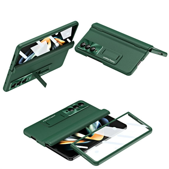 Allytech Slim Case for Samsung Galaxy Z Fold 3, Luxury PU Leather Hinge Protection Hidden Foldable Kickstand Case with Tempered Glass Screen Protector, Shockproof Anti-Scratch Case - Green
