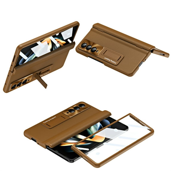 Allytech Slim Case for Samsung Galaxy Z Fold 3, Luxury PU Leather Hinge Protection Hidden Foldable Kickstand Case with Tempered Glass Screen Protector, Shockproof Anti-Scratch Case - Coffee