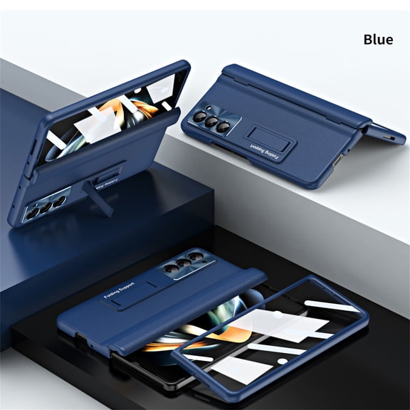 Allytech Slim Case for Samsung Galaxy Z Fold 4, Luxury PU Leather Hinge Protection Hidden Foldable Kickstand Case with Tempered Glass Screen Protector, Shockproof Anti-Scratch Case - Blue
