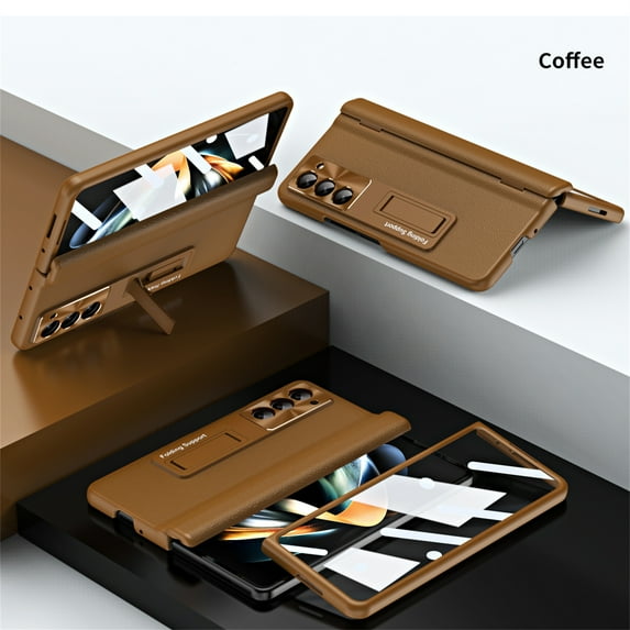 Allytech Slim Case for Samsung Galaxy Z Fold 4, Luxury PU Leather Hinge Protection Hidden Foldable Kickstand Case with Tempered Glass Screen Protector, Shockproof Anti-Scratch Case - Coffee