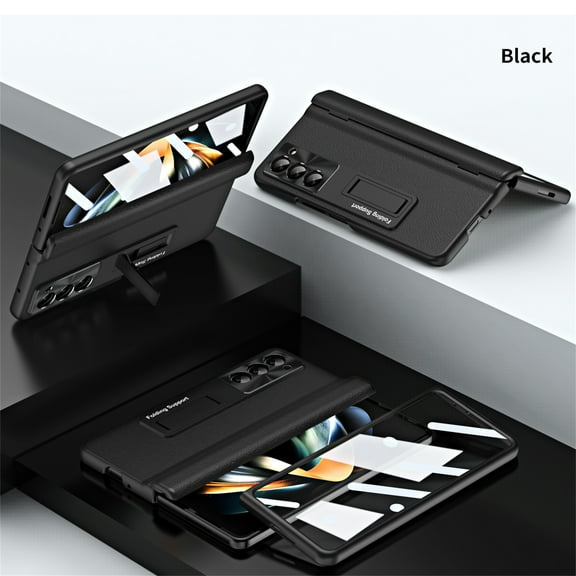 Allytech Slim Case for Samsung Galaxy Z Fold 4, Luxury PU Leather Hinge Protection Hidden Foldable Kickstand Case with Tempered Glass Screen Protector, Shockproof Anti-Scratch Case - Black