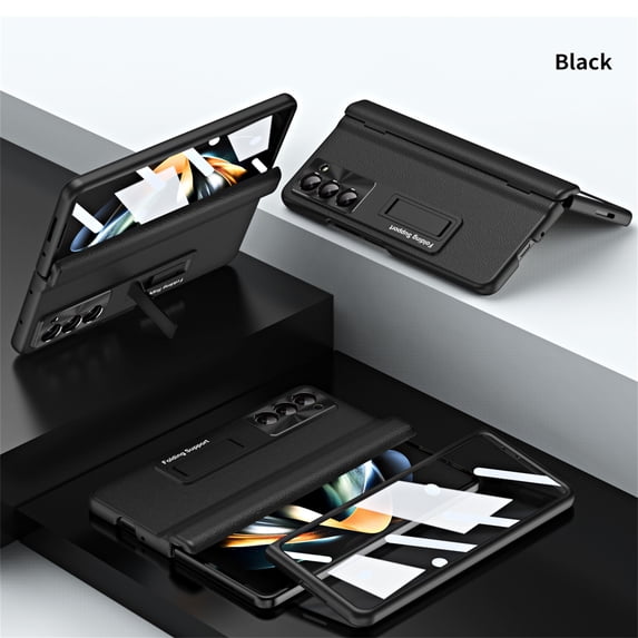 Allytech Slim Case for Samsung Galaxy Z Fold 5, Luxury PU Leather Hinge Protection Hidden Foldable Kickstand Case with Tempered Glass Screen Protector, Shockproof Anti-Scratch Case - Black