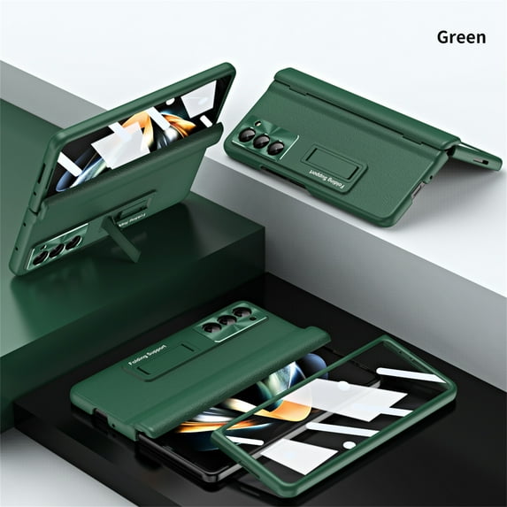 Allytech Slim Case for Samsung Galaxy Z Fold 6, Luxury PU Leather Hinge Protection Hidden Foldable Kickstand Case with Tempered Glass Screen Protector, Shockproof Anti-Scratch Case - Green