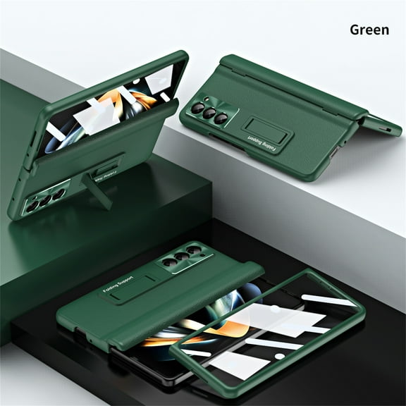 Allytech Slim Case for Samsung Galaxy Z Fold 6, Luxury PU Leather Hinge Protection Hidden Foldable Kickstand Case with Tempered Glass Screen Protector, Shockproof Anti-Scratch Case - Green
