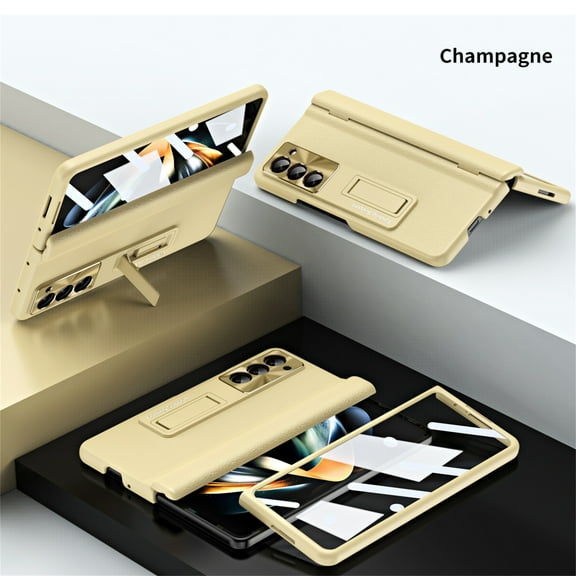 Allytech Slim Case for Samsung Galaxy Z Fold 7, Luxury PU Leather Hinge Protection Hidden Foldable Kickstand Case with Tempered Glass Screen Protector, Shockproof Anti-Scratch Case - Gold