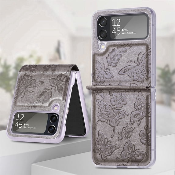 Allytech Slim Case for Samsung Galaxy Z Flip4, Embossed Butterfly PU Leather Clear PC Bumper Protective Case,Gray
