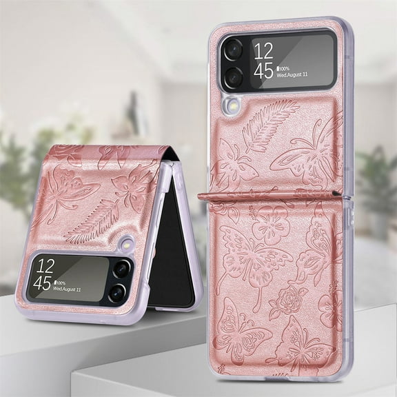 Allytech Slim Case for Samsung Galaxy Z Flip4, Embossed Butterfly PU Leather Clear PC Bumper Protective Case,Pink