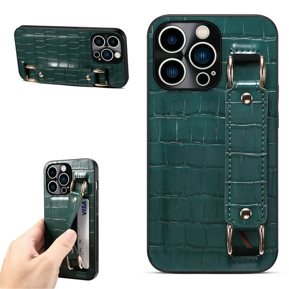 Allytech Slim Case for iPhone 13 Pro 6.1 inch 2021 Released, Back Credit Card Holder Wallet Case with Elastic Hand Wrist Strap for Extra Grip PU Leather Anti-Scratch Case for iPhone 13 Pro, Darkgreen