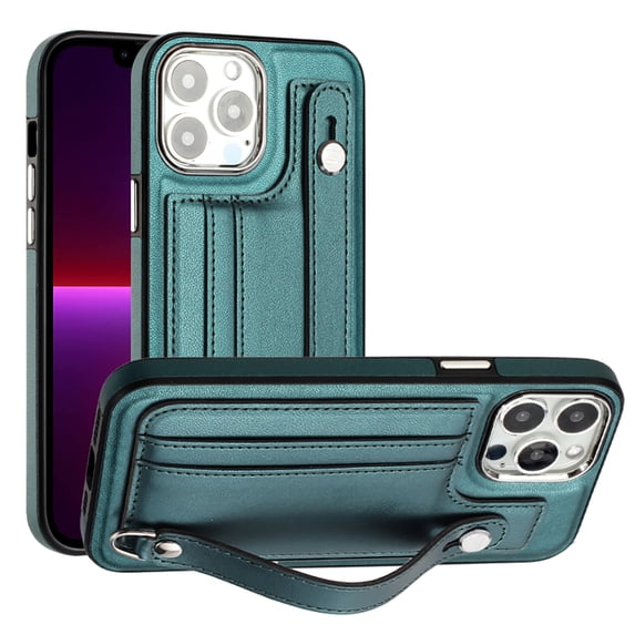 Allytech Slim Case for iPhone 13 Pro Max with Portable Wristband & Card Slots, Premium PU Leather Kickstand Shockproof Drop Protection Anti-Scratch Case for Women Men - Green