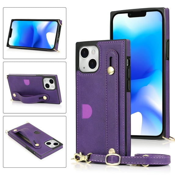 Allytech Slim Case for iPhone 14 Plus with Card Slot & Shoulder Strap, Premium PU Leather Adjustable Strap Wristband Kickstand Shockproof Full Protective Cover for Women Men - Purple