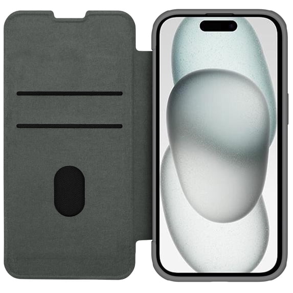 Allytech Slim Case for iPhone 15 Plus, Luxury PU Leather Camera Lens Sliding Cover with Card Slots, Full Body Protection Shockproof Support Wireless Charging Case for iPhone 15 Plus, Gray