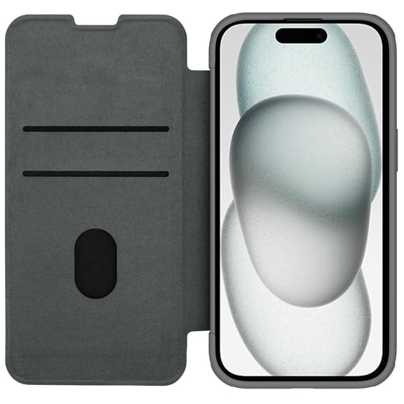 Allytech Slim Case for iPhone 15 Plus, Luxury PU Leather Camera Lens Sliding Cover with Card Slots, Full Body Protection Shockproof Support Wireless Charging Case for iPhone 15 Plus, Gray