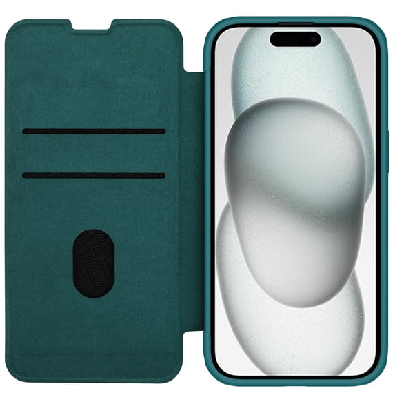 Allytech Slim Case for iPhone 15 Plus, Luxury PU Leather Camera Lens Sliding Cover with Card Slots, Full Body Protection Shockproof Support Wireless Charging Case for iPhone 15 Plus, Green