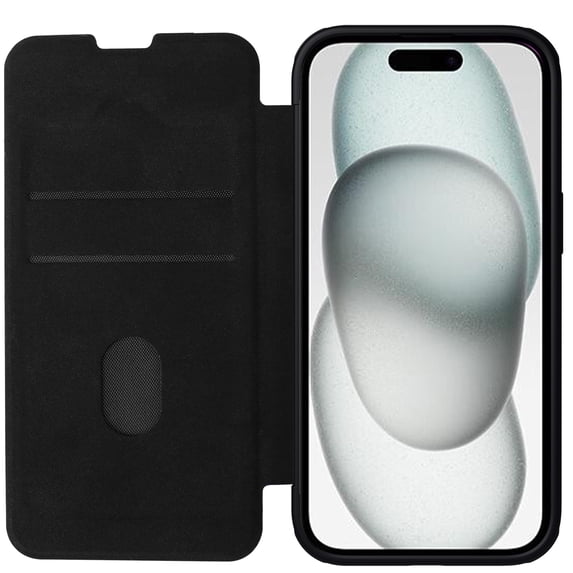 Allytech Slim Case for iPhone 15 Plus, Luxury PU Leather Camera Lens Sliding Cover with Card Slots, Full Body Protection Shockproof Support Wireless Charging Case for iPhone 15 Plus, Black
