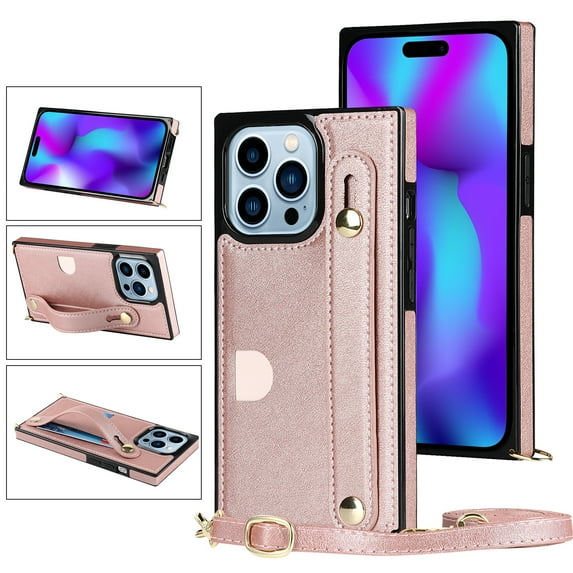 Allytech Slim Case for iPhone 15 Pro with Card Slot & Shoulder Strap, Premium PU Leather Adjustable Strap Wristband Kickstand Shockproof Full Protective Cover for Women Men - Rosegold