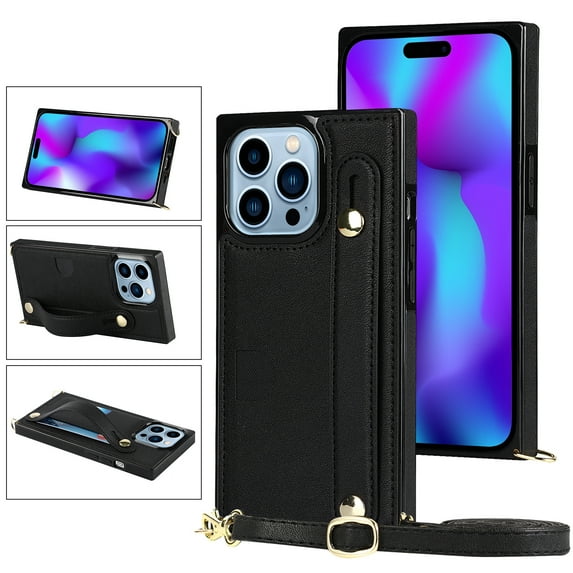 Allytech Slim Case for iPhone 15 Pro with Card Slot & Shoulder Strap, Premium PU Leather Adjustable Strap Wristband Kickstand Shockproof Full Protective Cover for Women Men - Black