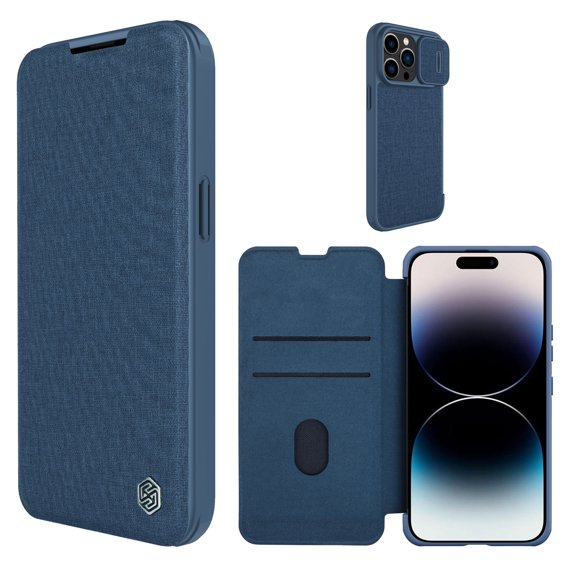 Allytech Slim Case for iPhone 15 Pro, Luxury Premium PU Leather Camera Lens Sliding Cover with Card Slots, Full Body Protection Shockproof Anti-Scratch Case for iPhone 15 Pro, Blue