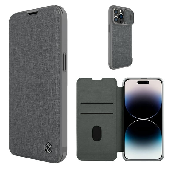 Allytech Slim Case for iPhone 15 Pro, Luxury Premium PU Leather Camera Lens Sliding Cover with Card Slots, Full Body Protection Shockproof Anti-Scratch Case for iPhone 15 Pro, Gray