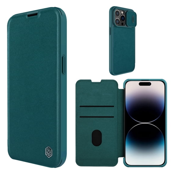 Allytech Slim Case for iPhone 15 Pro, Luxury Premium PU Leather Camera Lens Sliding Cover with Card Slots, Full Body Protection Shockproof Anti-Scratch Case for iPhone 15 Pro, Green
