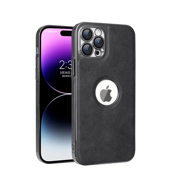 Allytech Slim Case for iPhone 15 Pro Max with Camera Lens Protector, Business Luxury PU Leather Logo View Shockproof Anti-Drop Lightweight Plating Edge Protective Case for Women Men - Black