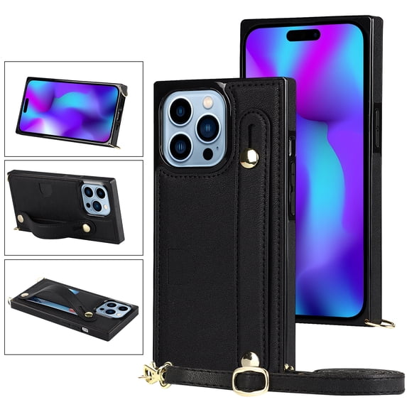 Allytech Slim Case for iPhone 15 Pro Max with Card Slot & Shoulder Strap, Premium PU Leather Adjustable Strap Wristband Kickstand Shockproof Full Protective Cover for Women Men - Black