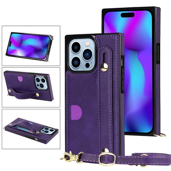 Allytech Slim Case for iPhone 15 Pro Max with Card Slot & Shoulder Strap, Premium PU Leather Adjustable Strap Wristband Kickstand Shockproof Full Protective Cover for Women Men - Purple