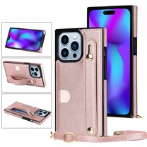 Allytech Slim Case for iPhone 17 with Card Slot & Shoulder Strap, Premium PU Leather Adjustable Strap Wristband Kickstand Shockproof Full Protective Cover for Women Men - Rosegold