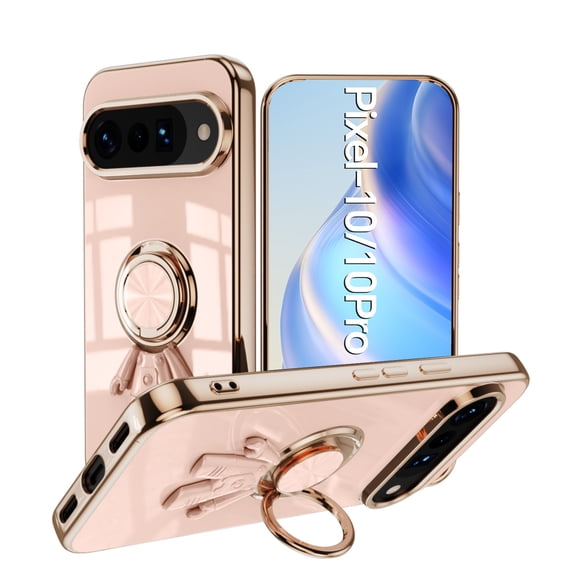 Allytech Slim Cover for Google Pixel 10 Pro/ Pixel 10, Chic Ring Holder Stand Spacemen Plating TPU PC Back Case Shell Shockproof Protective Bumperr Phone Case for Google Pixel 10 /10 Pro,Lightpink