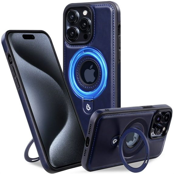 Allytech Slim Magnetic Case for iPhone 12 Pro, Premium PU Leather Retro Cover with Ring Holder Kickstand, Logo Hollow Wireless Charging Shockproof Protective Case for iPhone 12 Pro - Darkblue