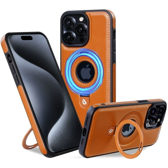Allytech Slim Magnetic Case for iPhone 15 Pro, Premium PU Leather Retro Cover with Ring Holder Kickstand, Logo Hollow Wireless Charging Shockproof Protective Case for iPhone 15 Pro - Brown