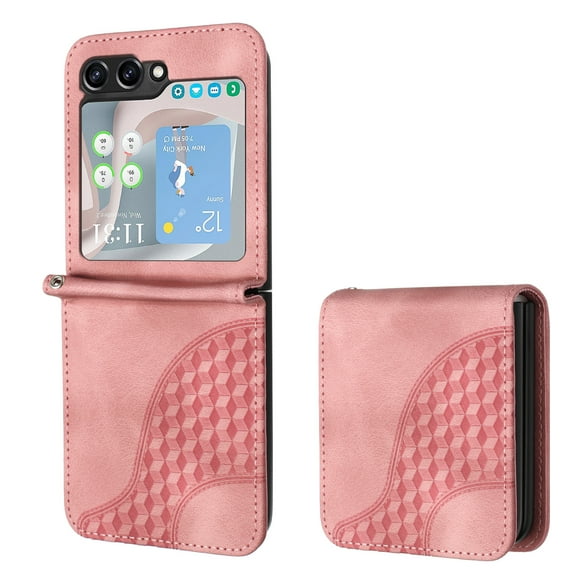 Allytech Slim PU Leather Case for Galaxy Z Flip 5, 3D Geometric Lattice Luxury Slim Fit Soft Shell Bumper Shockproof Cell Phone Case Cover for Samsung Galaxy Z Flip 5, Pink