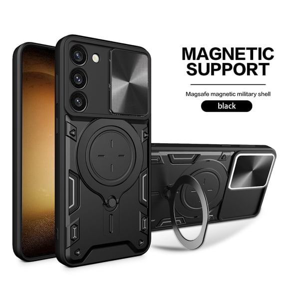 Allytechgroup Slide Lens Protection Ring Kickstand Shockproof Rugged Cell Phone Case for Samsung Galaxy S23 FE, Black
